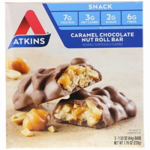 Atkins, キャラメルチョコレートナッツロールバー、5本、各1.55オンス (44 g)