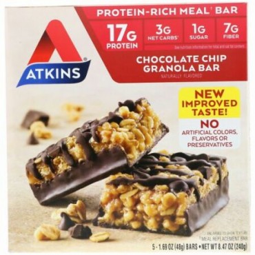 Atkins, チョコレートチップ・グラノーラバー、5本、各1.69 oz (48 g)