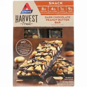 Atkins, Harvest Trail, Dark Chocolate Peanut Butter Bars, 5 packs, 1.34 oz (38 g) Each (Discontinued Item)