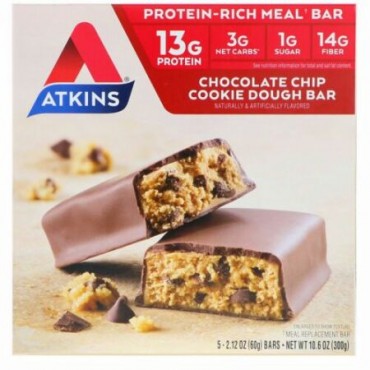 Atkins, 食事、チョコレートチップクッキードウバー、5本、各2.12オンス（ 60g ）