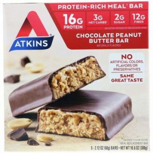 Atkins, ミールバー、チョコレートピーナッツバターバー、5本、各2.12 oz (60 g)