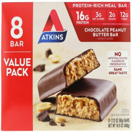 Atkins, Chocolate Peanut Butter Bar, 8 Bars, 2.12 oz (60 g)