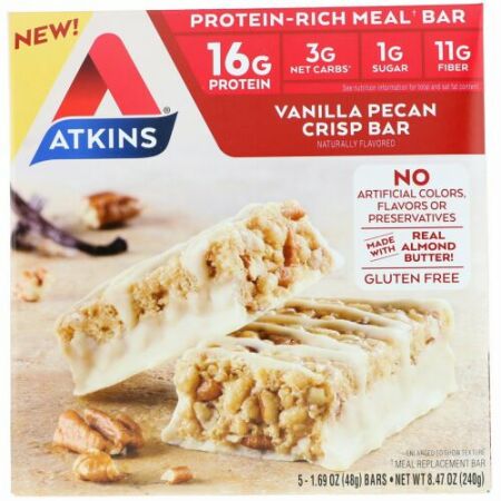 Atkins, ミールバー、バニラピーカンクリスプバー、5本、各48g（1.69オンス）