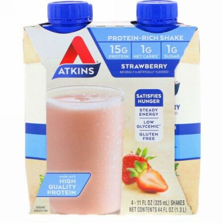 Atkins, Protein-Rich Shake, Strawberry, 4 Shakes, 11 fl oz (325 ml) Each (Discontinued Item)