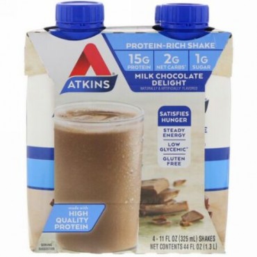 Atkins, アドバンテージ, ミルクチョコレート デライト シェイク, 4 シェイク, 各11 fl oz (325 ml) (Discontinued Item)