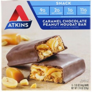 Atkins, 軽食、キャラメルチョコレート・ピーナッツヌガーバー、5本、各1.6 oz (44 g)
