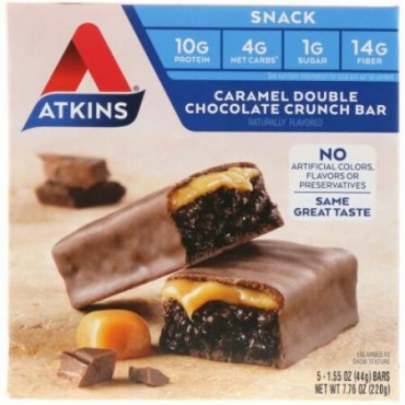 Atkins, スナック、キャラメルダブルチョコレートクランチバー、5本、各1.55オンス (44 g)
