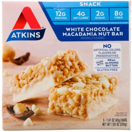 Atkins, スナック、ホワイトチョコレート・マカダミアナッツバー、5本入り、各1.41 oz (40 g)