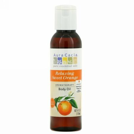 Aura Cacia, アロマテラピー ボディ オイル, リラクシング スイートオレンジ, 4 fl oz (118 ml)