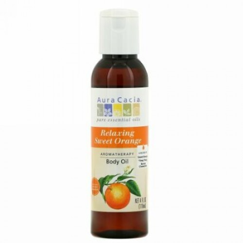 Aura Cacia, アロマテラピー ボディ オイル, リラクシング スイートオレンジ, 4 fl oz (118 ml)