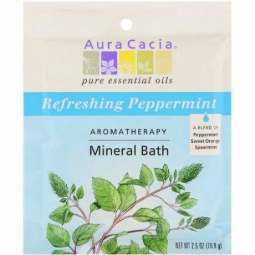 Aura Cacia, アロマセラピー ミネラルバスパウダー, 爽やかな ペパーミント , 2.5 オンス (70.9 g) (Discontinued Item)