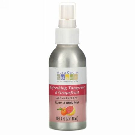 Aura Cacia, お部屋とボディ用ミスト, 爽やかな タンジェリン と グレープフルーツ, 4 オンス (118 ml)