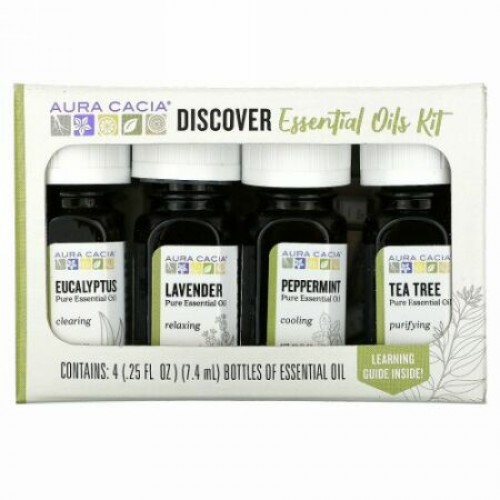 Aura Cacia, ディスカバー・エッセンシャルオイル・キット, 4 ボトル, 各0.25オンス (7.4 ml)