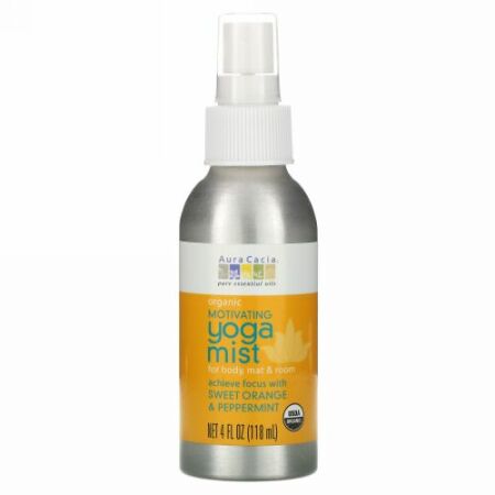 Aura Cacia, オーガニック、ヨガミスト、モチベーション、スイートオレンジ＆ペパーミント、4 液体オンス（118 ml）