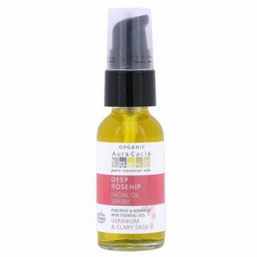 Aura Cacia, オーガニック ディープローズヒップ エッセンシャルズ　フェイシャルオイルセラム, ゼラニウム & クラリ―セージ, 1 液量オンス (30 ml)