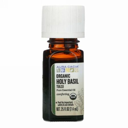 Aura Cacia, ピュアエッセンシャルオイル、オーガニックホーリーバジルトゥルシー、7.4ml（0.25液量オンス）