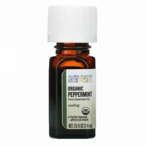 Aura Cacia, ピュアエッセンシャルオイル、オーガニックペパーミント、7.4ml（0.25液量オンス）