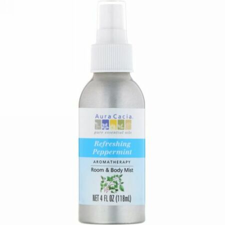 Aura Cacia, お部屋とボディ用ミスト, 爽やかな ペパーミント, 4 オンス (118 ml) (Discontinued Item)