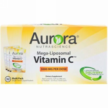 Aurora Nutrascience, Mega-Liposomal Vitamin C（メガ-リポソームビタミンC）、3,000mg、液体個包装32袋、各15ml（0.5液量オンス）