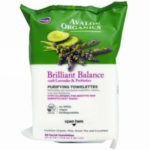 Avalon Organics, ブリリアントバランス、 ピュリファイング・ウェットティッシュ、 ラベンダー＆プレバイオティクス配合、 フェイシャルウェットティッシュ30枚 (Discontinued Item)