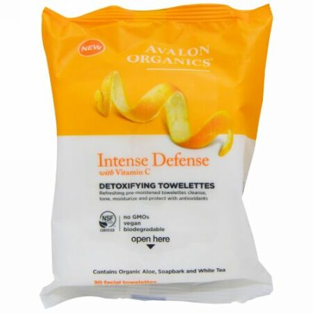 Avalon Organics, インテンスディフェンス、 デトックス・ウェットティッシュ、 ビタミンC配合、 フェイシャルウェットティッシュ30枚 (Discontinued Item)