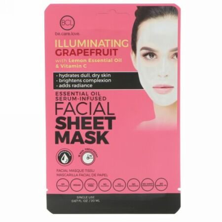 BCL, Be Care Love, Essential Oil Serum-Infused Facial Sheet Mask, Illuminating Grapefruit, 1 Mask (Discontinued Item)