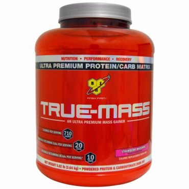 BSN, トゥルーマス、ウルトラプレミアム プロテイン/糖質マトリクス、ストロベリーミルクシェイク、5.82 lbs (2.64 kg)