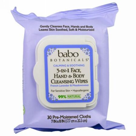 Babo Botanicals, 3-in-1　カーミング＆スージング・顔、手、ボディ向けクレンジング・ワイプ、フレンチ・ラベンダー＆メドウシート、湿気を含むクロス30枚 (Discontinued Item)