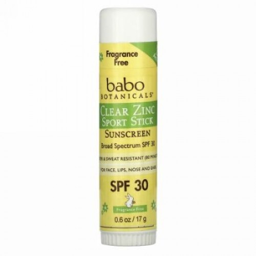 Babo Botanicals, クリア・ジンク、スポーツ・スティック・サンスクリーン、SPF 30、無香、0.6 oz (17 g) (Discontinued Item)