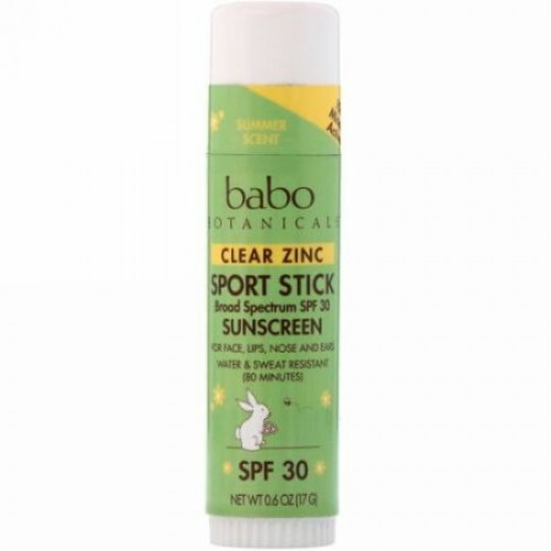 Babo Botanicals, クリアジンク日焼け止めクリーム、スポーツスティック、SPF30、0.6オンス（17 g） (Discontinued Item)