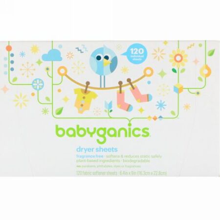 BabyGanics, 乾燥機シート、無香、柔軟剤シート120枚 (Discontinued Item)