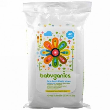 BabyGanics, 顔・手・赤ちゃん用ウェットティッシュ, 香料不使用, 各40枚 (8.0 インチ x 6.0 インチ) (Discontinued Item)