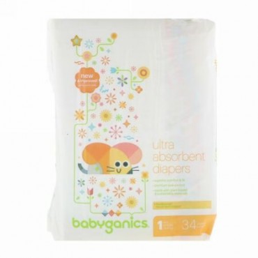 BabyGanics, 超吸水性おむつ、サイズ1、4~6kg（8~14 lbs）、おむつ34枚 (Discontinued Item)