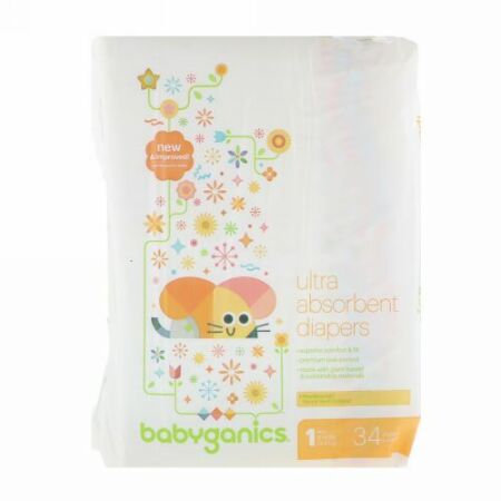 BabyGanics, 超吸水性おむつ、サイズ1、4~6kg（8~14 lbs）、おむつ34枚 (Discontinued Item)