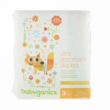 BabyGanics, 超吸収おむつ、サイズ3、7〜13キロ (7-13 kg)、28枚 (Discontinued Item)