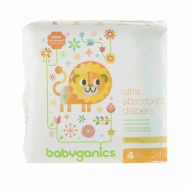 BabyGanics, 超吸収姓オムツ、サイズ4、22-37ポンド、(10-17 kg)、24枚 (Discontinued Item)