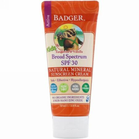 Badger Company, Active Kids, Natural Mineral Sunscreen Cream, SPF 30 PA+++, Tangerine & Vanilla, 2.9 fl oz (87 ml)