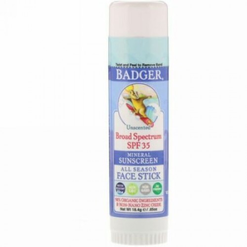 Badger Company, オールシーズン フェイススティック、スポーツ用日焼け止め、SPF 35、無香、.65 oz (18.4 g) (Discontinued Item)