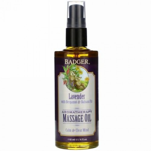 Badger Company, アロマテラピーマッサージオイル、 ラベンダーとベルガモット&バルサムファー、 4液量オンス (118 ml)