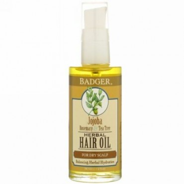 Badger Company, ホホバ・ハーバル・ヘアー・オイル、ローズマリー &ティーツリー、2 fl oz (59.1 ml)