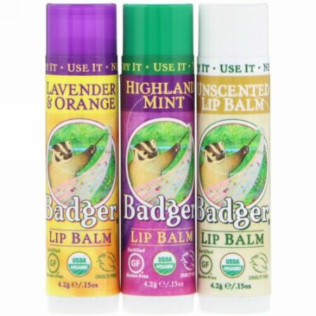 Badger Company, リップバームギフトセット (緑), 3パック, 各0.15オンス (4.2 g) (Discontinued Item)