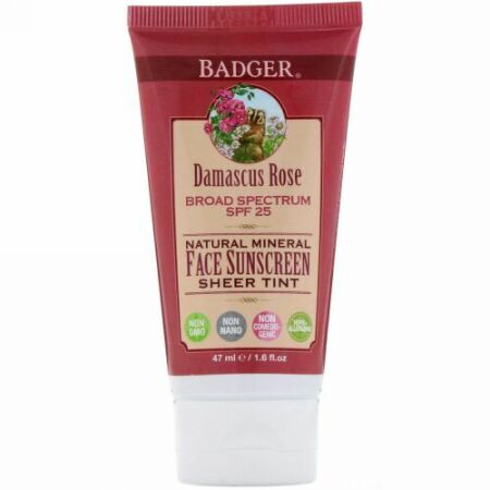 Badger Company, ナチュラルミネラルフェイスサンスクリーン、シアーティント、SPF 25、ダマスクバラ、47ml（1.6液量オンス）
