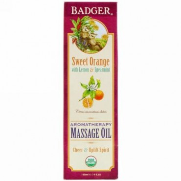 Badger Company, Organic, Aromatherapy Massage Oil, Sweet Orange with Lemon & Spearmint, 4 fl oz (118 ml) (Discontinued Item)