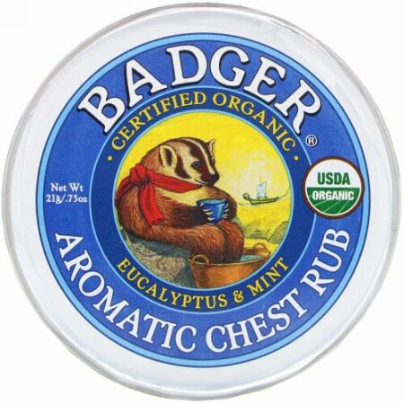 Badger Company, オーガニック アロマティック チェスト ラブ, ユーカリ & ミント, .75 oz (21 g)