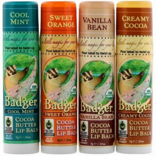 Badger Company, オーガニック、ココアバターリップバームセット、4パック、各.25 oz (7 g) (Discontinued Item)