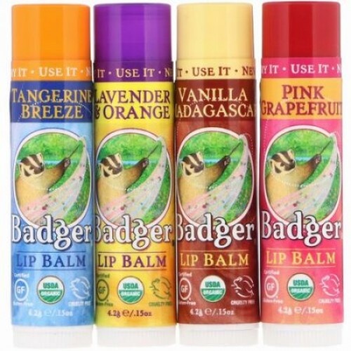 Badger Company, オーガニッククラシック リップバーム、グリーンボックス、4本入り、各4.2g（0.15oz）