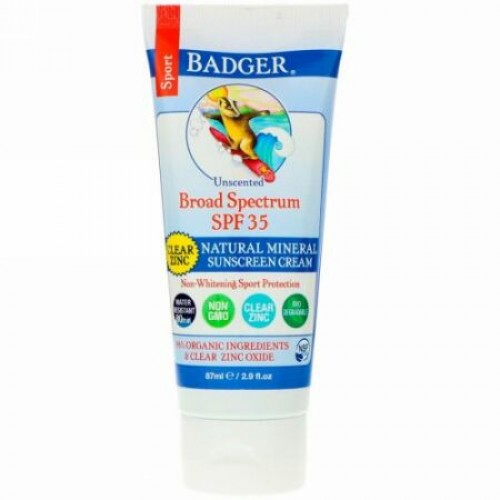 Badger Company, スポーツ、天然ミネラルサンスクリーンクリーム、クリア亜鉛、SPF35、無香料、2.9 fl oz (87 ml)