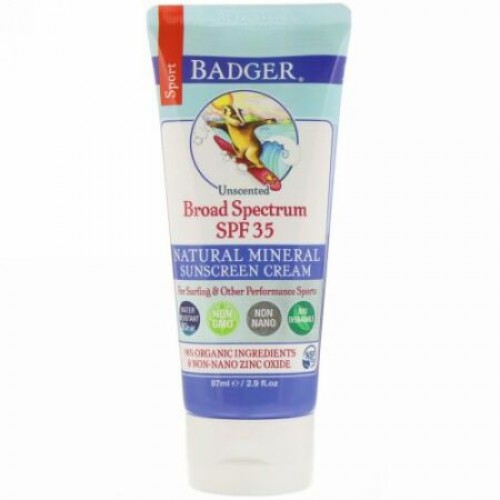 Badger Company, スポーツ、ナチュラルミネラルサンスクリーンクリーム、SPF 35、無香料、87 ml