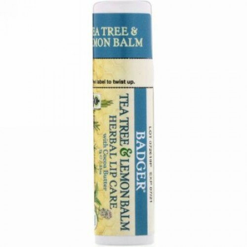 Badger Company, Tea Tree & Lemon Balm Herbal Lip Care with Cocoa Butter, .25 oz (7 g) (Discontinued Item)