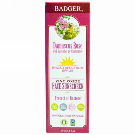 Badger Company, 亜鉛 オキサイドフェイス日焼け止め、 SPF 25、 ダマスカスローズ、 1.6 fl oz (47 ml) (Discontinued Item)